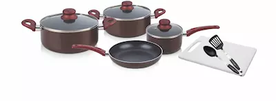 "10 PC COOKWARE SET 16 cm Saucepan with lid 22 cm Casserole with lid 24 cm Fry pan 26 cm Casserole with lid 2 pcs Tools Cutting Board(33x20x0.5cm"